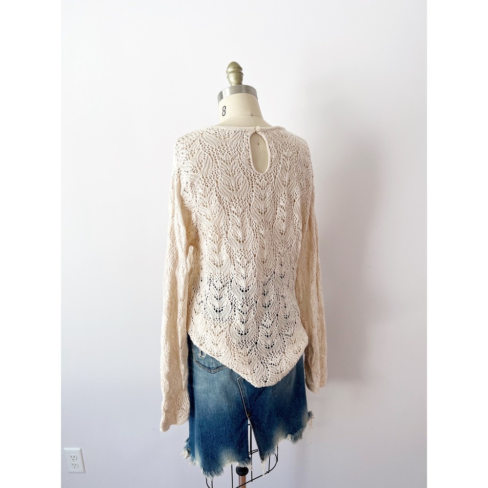 Cream 100% Cotton Sweater Crochet Open Knit Leaf Pattern Long Length Y2K XL - Picture 5 of 8